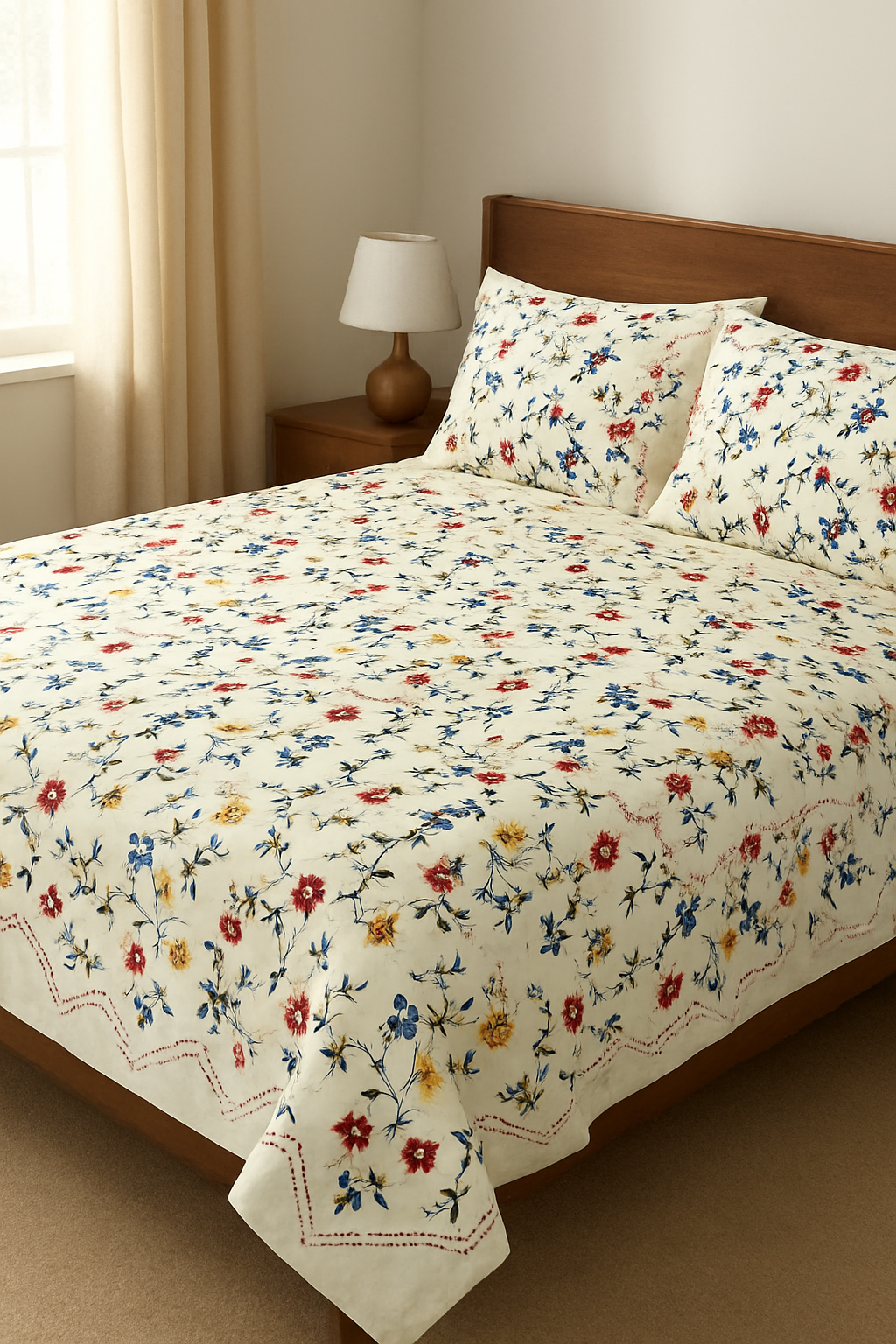 Tricolor Floral Quilted Cotton Bed Sheet Set
